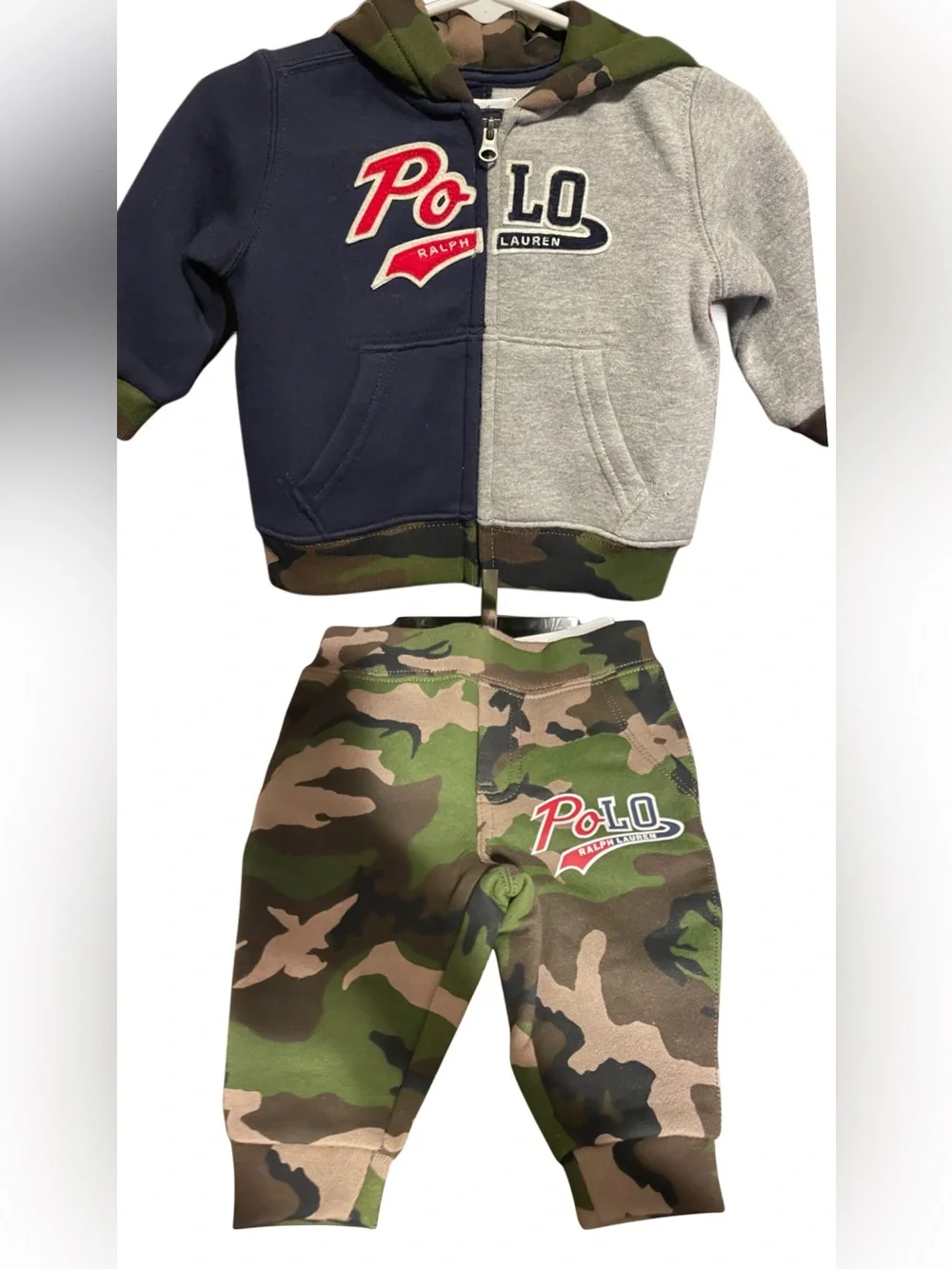 Ralph Lauren Kids Two-Tone Hoodie & Camo Joggers - Navy, Gray & Green Camo 6MO